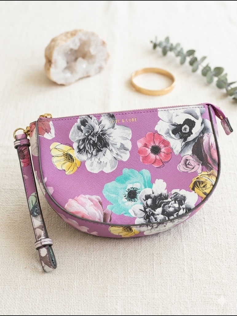 Floral Half-Moon Wristlet In Purple Romantic Boho Travel Cosmetics Beach